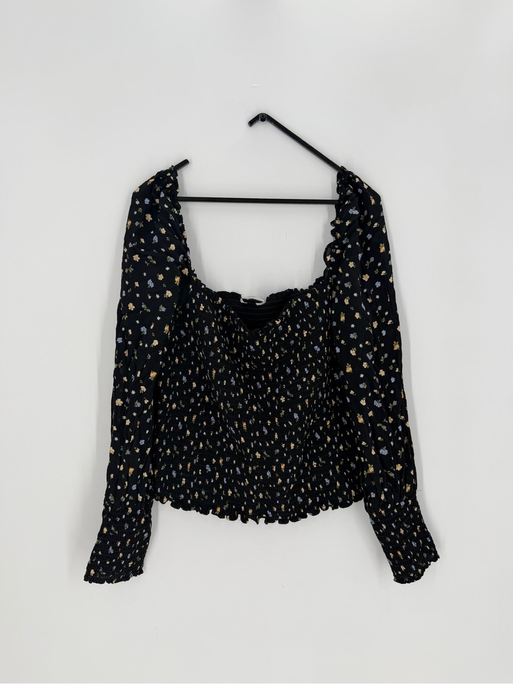 Reformation Pinto Smocked Floral Printed Square Neck Long Sleeve Blouse Top